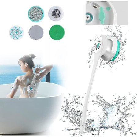 Elektrisk kroppsborste för dusch, 5 i 1 massage- och peelingborste, mjuk roterande silikonborste för rengöring av kroppen, badborste för ryggen