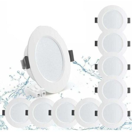 10-pakning 5W LED downlights, 98mm, IP44, 4000K nøytral hvit, 450lm, ultraflat 25mm, kompatibel med 70-88mm hull