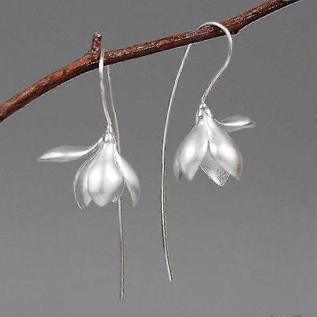 S925 Sterling Silver Örhängen Eleganta Magnolia Blomster Droppörhängen Naturligt Silver