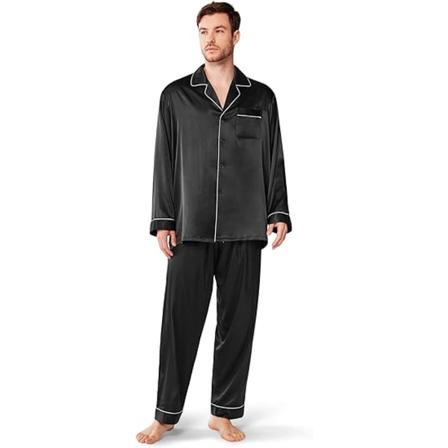 Pyjamassæt til mænd i silkesatin, langærmet PJ-sæt med knapper og sovetøj med lommer Black xxl