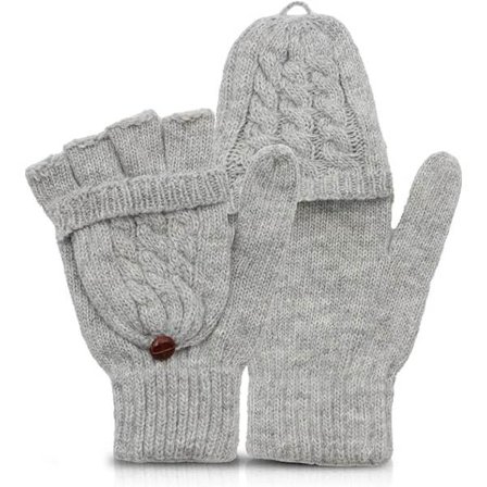 Dame Vinter Varme Grå Vante, Vante med Strikkede Halvfinger Dækning Konvertible Vanter i To Former
