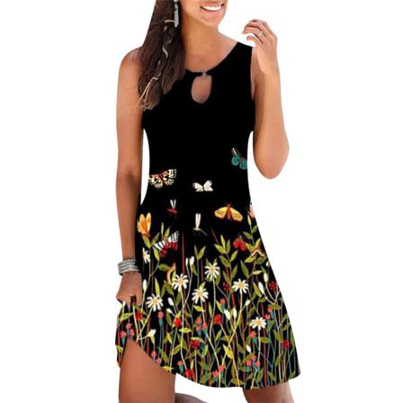 Kvinnor Print Sommar Kort Klänning Strand Blommig Rund Hals Su