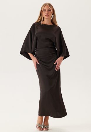 Bubbleroom Occasion - Wide Sleeve Satin Ankle Dress - Dark brown - Kläder