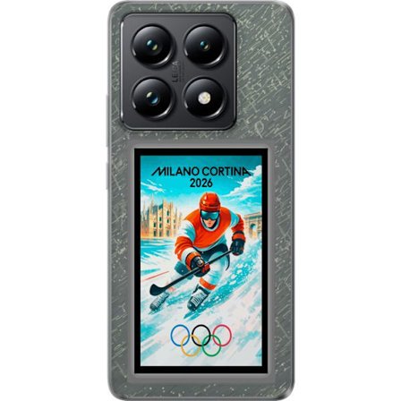Yhteensopiva Puhelinkuori Xiaomi 14T Curlingkuvitus pelaajilla ja kivillä jäällä, Milano Cortina 2026, lumisia roiskeita ja olympiasormukset