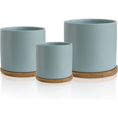 Keramisk blomsterpottesæt med bambusbakke, blå indendørs blomsterpotte, blåt blomsterpottesæt, keramisk blomsterpottebeholder udendørs med underskål (