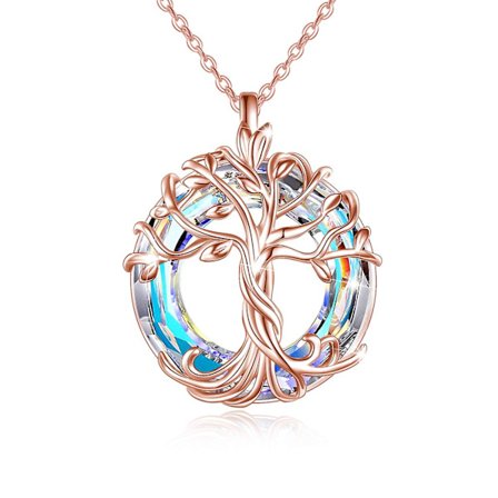 Family Tree Of Life Pendant Necklace With Circle Crystal Jewelry Gift For Women Girls Mom On The Birthday Mothers Day