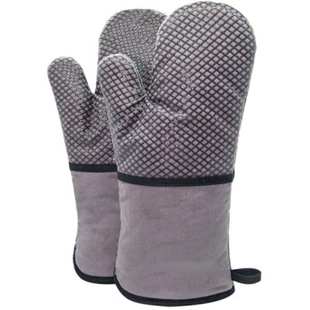 1 par varmebestandige ovnhandsker, bagehandsker, madlavningshandsker, skridsikre silikonebelagte lange ovnhandsker, grå