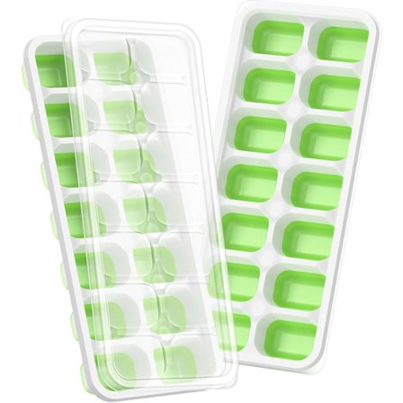 2-pak isterningbakke med låg, 28-terners stabelbar - Holdbar plastik- og silikonebakke til fryser, nem frigørelse af cocktail- og kaffeis