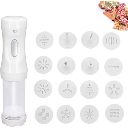 Elektrisk Kagedysse Pistol Sæt med 12 Skiver og 4 Glasurtyller, Perfekt til DIY Kageproducent og Kagedekoration (Hvid)