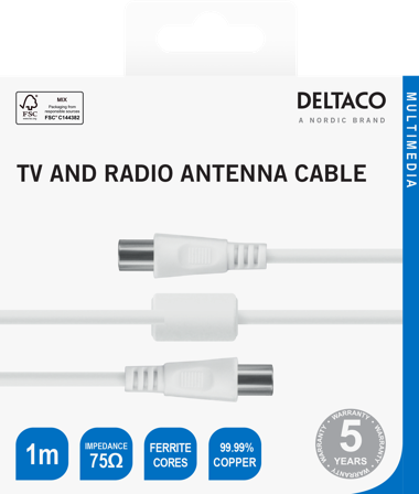 Deltaco Antenna cable, 75 Ohm nickel-plated connectors, 1m