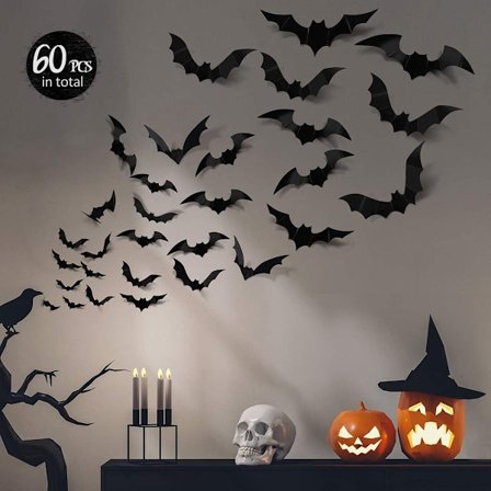 60 kpl 3D Lepakot Halloween-koristeita, 4 kokoa Realistinen PVC Pelottava Musta Lepakko Tarra Koti Sisustus DIY Seinäkoriste Kylpyhuone Sisätiloihin