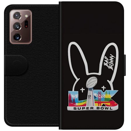 Yhteensopiva Lompakkokotelo Samsung Galaxy Note20 Ultra Bad Bunny muotokuvassa avoimella paidalla, tatuoinneilla ja kiharaisilla hiuksilla tyylikkääss
