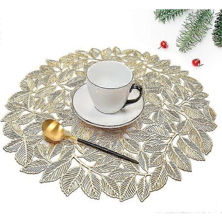 Sæt med 6 vaskbare PVC dækkeservietter, skridsikre, varmebestandige, lette at rengøre og opbevare, Blomst (Runde blade)