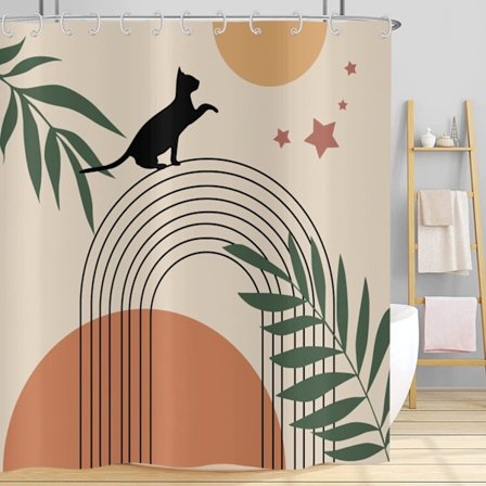 180x200 Boho Suihkuverho, Mid Century Abstrakti Musta Kissa Vihreä Lehti Jousi Aurinko Kuu Beige Ammeverho Moderni Minimalistinen