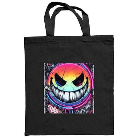 Stofpose Cyberpunk smilende smiley med neonfarver, graffiti og futuristisk tech-stil, edgy digital kunst til gamere, plakater og mobilcovers