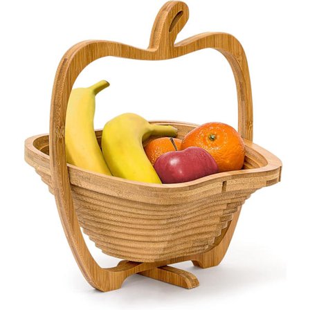 Foldbar æbleformet frugtskål, bambus, 26 x 14 x 30 cm, træ, frugtkurv, brun