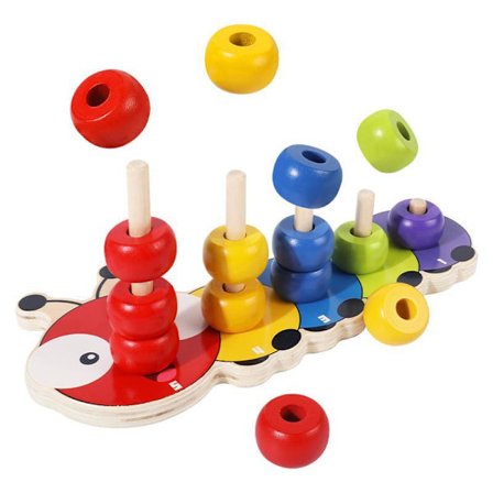 Trästaplingsringar för spädbarn – Söt larv räknelek - 5 pinnar ringstapel - Räkneringar tidig inlärning träleksaker