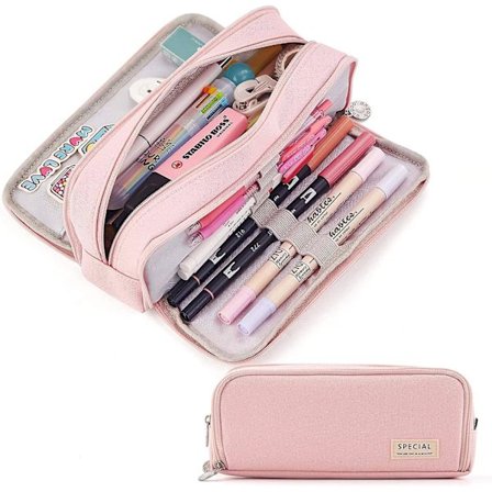 Large Capacity Pencil Case 3 Compartment Pouch Pen Bag For School Teen (pink)