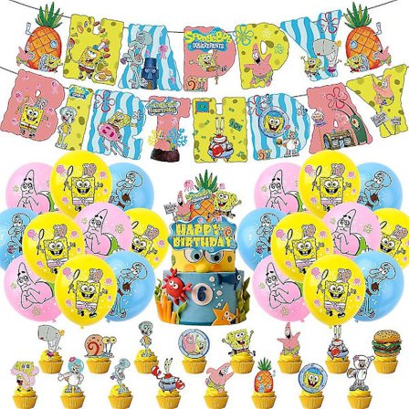 Spongebob Squarepants Temafest Dekorasjonssett Banner Ballonger Kake Cupcake Toppers Sett Gaver