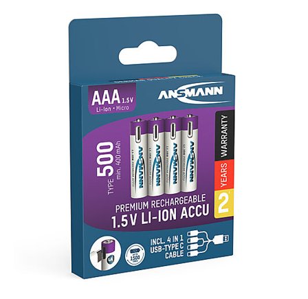 ANSMANN Batteri AAA 4pk oppladbare med USB-C port og ladekabel