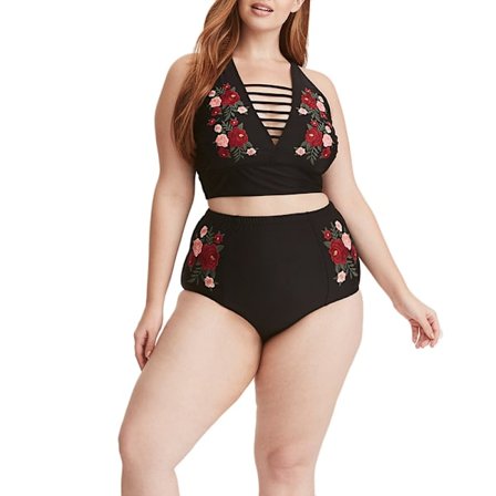 Plus Size Damkläder Högmidjad Baddräkt Ros Bikini Set Baddräkt Svart