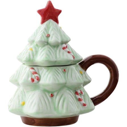 Keramisk julgransmugg med lock, vintage keramisk mugg, en utmärkt julklapp till familj eller kollegor, diskmaskinssäker (grön).
