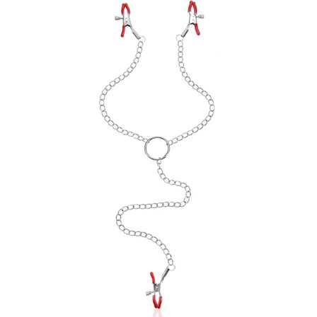 Justerbare ikke-piercing brystvorteklemmer Y-halskæde til kvinder og mænd, kropssmykker med bløde silikonepuder, 3 clips rød