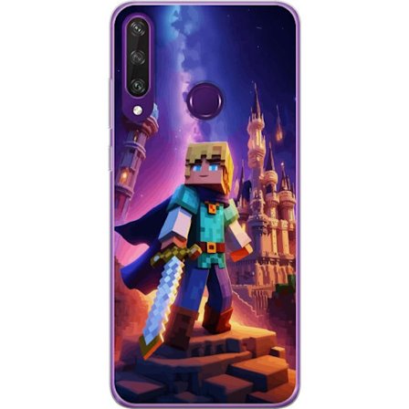 Kompatibelt Mobilskal till Huawei Huawei Y6p Blockhjälte med svärd framför magiskt slott, i en nattlig fantasymiljö, episkt äventyrsmotiv