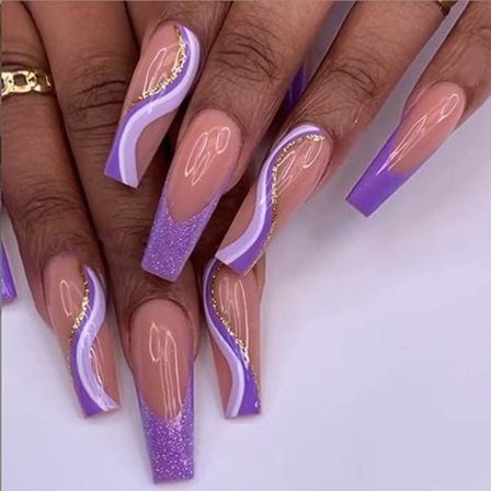 Kunstige Ekstra Lange Tryk-På Glitter Negle, Lilla Luksus Falske Negle med Akryl Fuld Dækning Hvirvler Falske Negle med Design Neglespidser til 