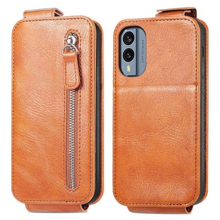 Vertical Flip Phone Suojakotelo With Zipper For Nokia X30 - Ruskea