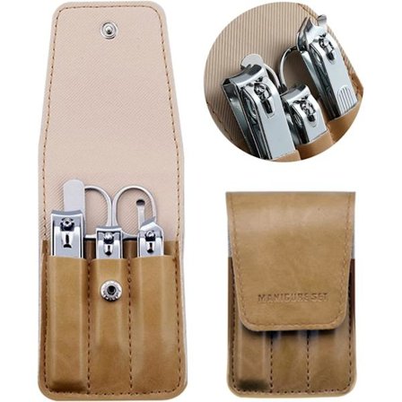 Negleklippersæt, 6 stk. tåneglklippere, negleklipper i rustfrit stål og PU læder manicuresæt, gaveideer (beige) Beige