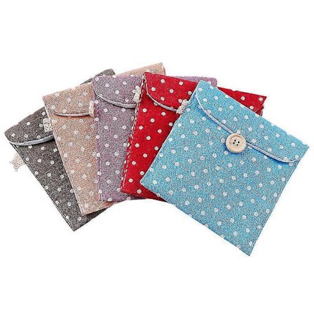 5-pak sanitetsbind opbevaringsposer med knap-pung design; farver er tilfældige.