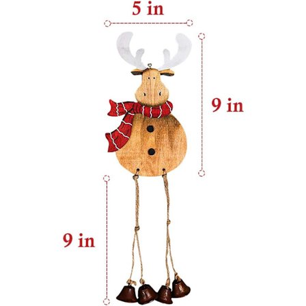 Julekuler 2-pakning, store håndlagde reinsdyr i tre med hengende jutebånd og bjeller for utendørs dekorasjoner til hjemmet og døren