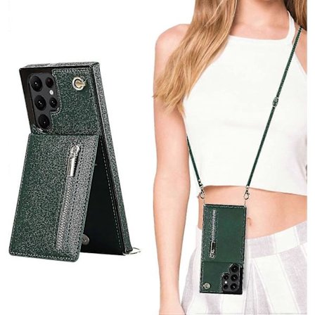 Læder Wallet Case til Samsung Galaxy S23 Ultra/ S23+/ S23 med Lanyard Halsrem & Støttefod & Lynlås Wallet