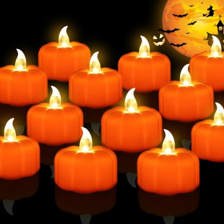 Halloween-dekorasjoner med te-lys i form av gresskar, 24-pakning LED-lys i oransje gresskarform, batteridrevet, flammefrie lys