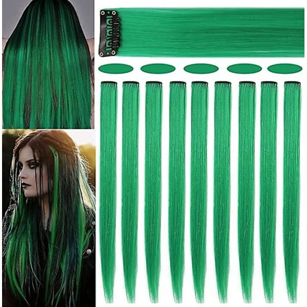 9 stk 21" farget klips i hårforlengelser Grønt hårforlengelse for barn Jenter klips med grønne hårklemmer hårforlengelser for barn Festhøydepunkter (