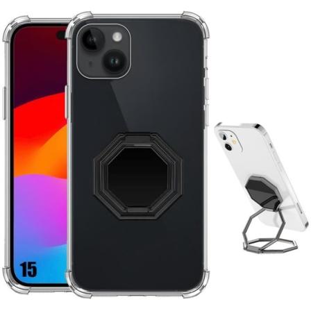 Cover til iPhone 15 Silikone Ultra Slim Stødsikker med Multi-Angle Rotation Stand Sort Transparent, svart