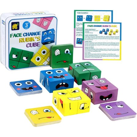 Træpuslespil med ansigtsudtryk, Montessori interaktivt legetøj Emoji Magic Cube Puzzles, træbyggeklodser, terningspil, pædagogisk legetøj