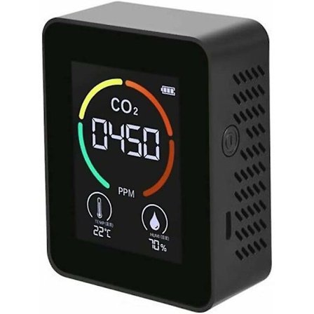 CO2-ilmanlaatumittari - Hiilidioksidi-ilmaisin - Lämpötila- ja kosteusmittari - Nopea CO2-mittaus - Musta