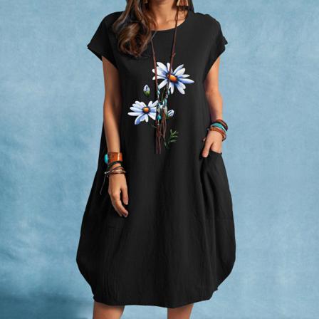 Rose Klänning Dam Dam Blommor Printed Lös Kort Ärm Sommar