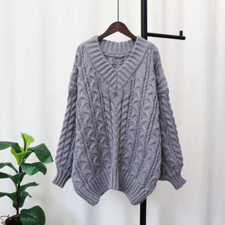 Naisten Neuleet Syksy Talvi Neule Paksutettu V-pääntie Twist Pusero Löysä Pehmeä Top Gray Average size