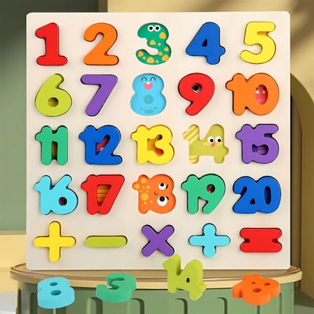 Träpussel med bokstäver och siffror med pusselbräda och bokstavsklossar