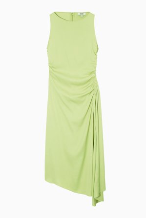 COS Femme Robe Midi Asymétrique Satinée Froncée Dress in Vert