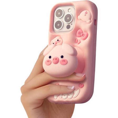 Kawaii 3D Gris Mobilskal med Ställ och Grepp för iPhone 16 Pro Max, Sött Tecknat Djur Mobilskal för Tjejer, Killar, Barn, Tonåringar och Kvinnor Rosa