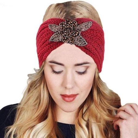 Strikket pannebånd, dame vinterpannebånd strass perler elastisk