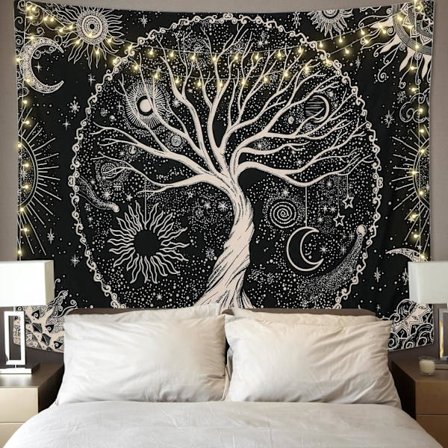 130x150cm Elämänpuu Seinävaate Kuu ja Aurinko Musta Seinävaate Psykeedeelinen Tähtikirkas Mandala Seinävaate Hippie Seinä