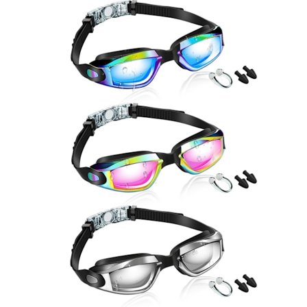 Svømmebriller 3-pakning, lekkasjesikker silikon antidugg med neseklype og ørepropper for voksne og barn