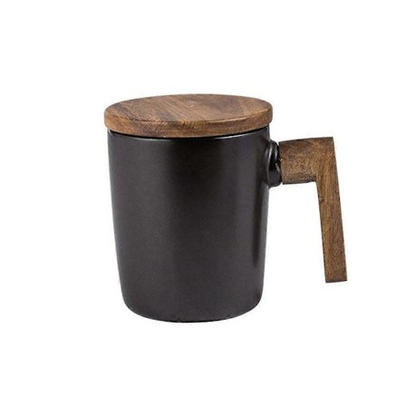 Ceramic Mug with Wooden Lid and Wooden Handle, Coffee Mug, Simple Coffee Cup, Porcelain Milk Cup, Gift Cup, 350 ml