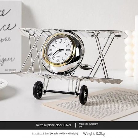 Onxe Vintage Flyvemaskine Dekoration Med Ur, Metal Flyvemaskine Ornament, Retro Flyvemaskine Model Jern Flyvemaskine Til Hjem Kontor Skrivebord 