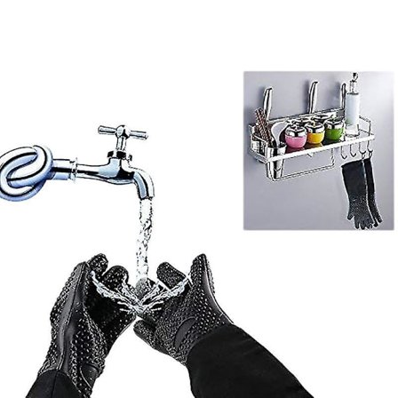 Extra Lång Professionell Silikonugnsvante, Värmebeständig Kockhandske Med Inre Bomull För Kök, Grill, Bakning, Grill - Svart